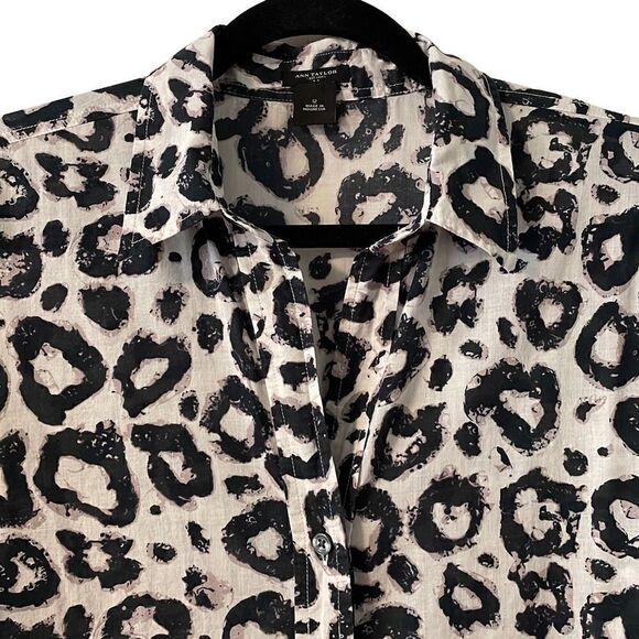 Ann Taylor white & black abstract print light cotton short sleeve blouse 12 - Picture 2 of 11
